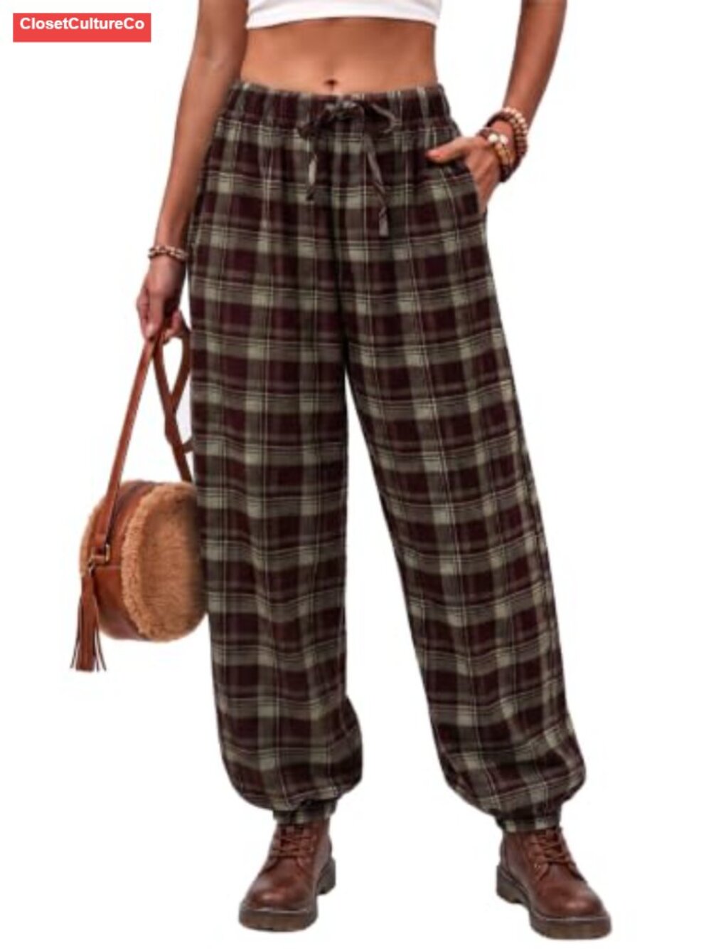 Plaid Jogger Pants Elastic Waist Drawstring Tapered Trousers Loose Fit